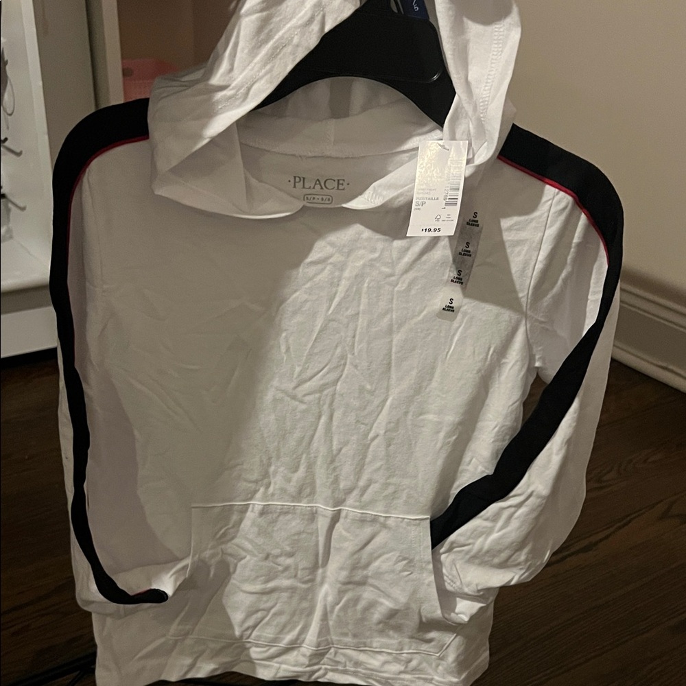 Place White Hoodie with navy blue and Red Accents